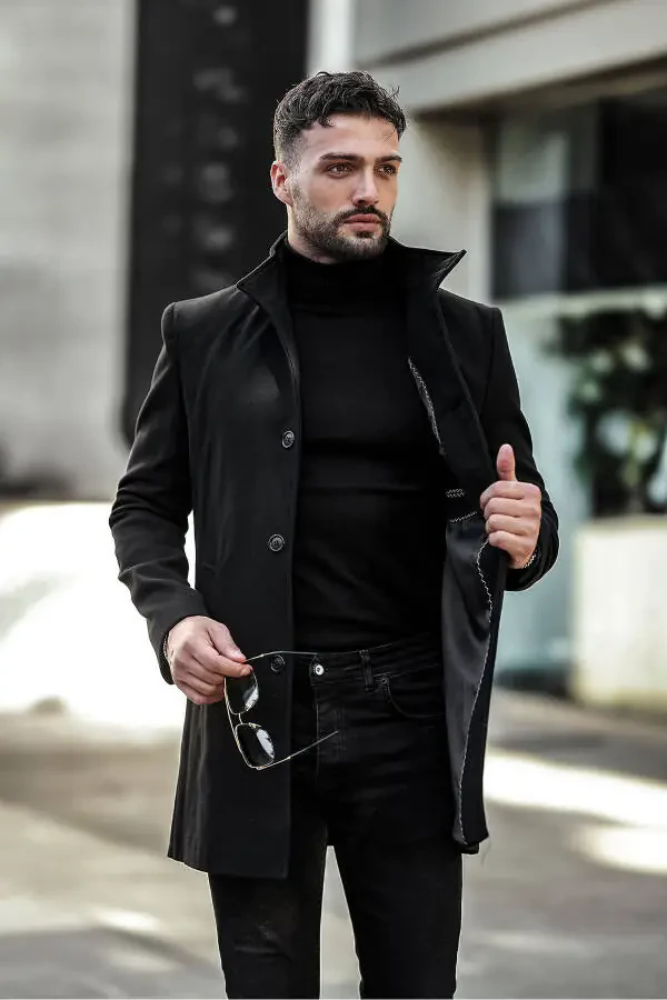 Slim fit, notched lapel, long cashmere coat. - 1
