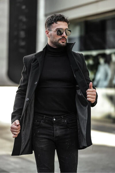 Slim fit, notched lapel, long cashmere coat. - GM GIYIMARKET (1)