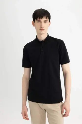 Slim Fit Облегающий Поло Короткий рукав Базовый Однотонный Черный Футболка-Черный - 4