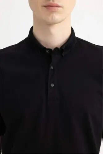 Slim Fit Облегающий Поло Короткий рукав Базовый Однотонный Черный Футболка-Черный - 8