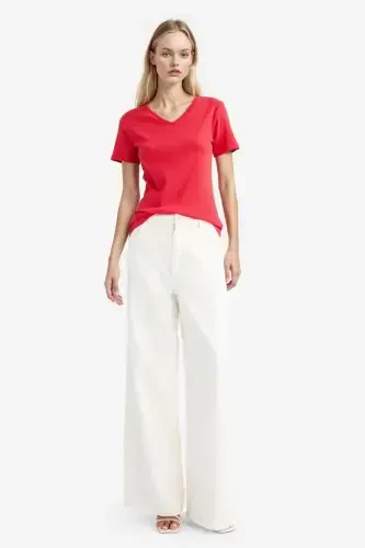 Slim Fit облегающий V-образный вырез Basic однотонный короткий рукав в рубчик Футболка-красный - 3