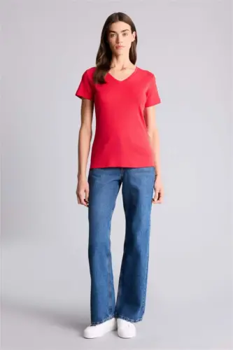 Slim Fit облегающий V-образный вырез Basic однотонный короткий рукав в рубчик Футболка-красный - 1