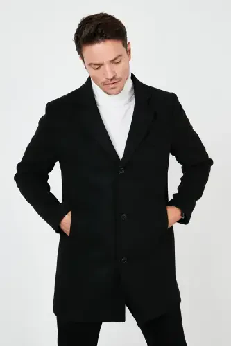 Slim Fit Однобортное Кашемировое Пальто с Одной Шлицей и Пуговицами, Мужское Пальто с Моно-Воротником 5840098-ЧЕРНЫЙ - 3