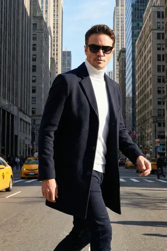 Slim Fit Однобортное кашемировое пальто с одной шлицей и пуговицами, мужское пальто с моно-воротником 5840098-NAVY - BURATTI (1)