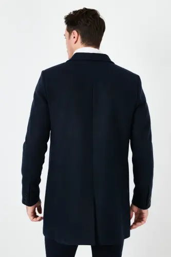 Slim Fit Однобортное кашемировое пальто с одной шлицей и пуговицами, мужское пальто с моно-воротником 5840098-NAVY - 5