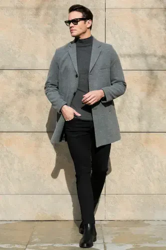 Slim Fit Однобортное Кашемировое Пальто с Пуговицами и Моно Воротником, Мужское Пальто 5840098-СВЕТЛО-СЕРЫЙ - 1