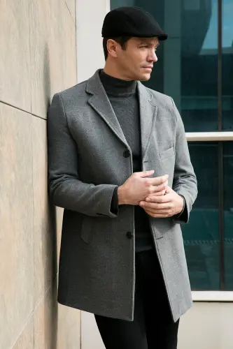 Slim Fit Однобортное Кашемировое Пальто с Пуговицами и Моно Воротником, Мужское Пальто 5840098-СВЕТЛО-СЕРЫЙ - BURATTI (1)