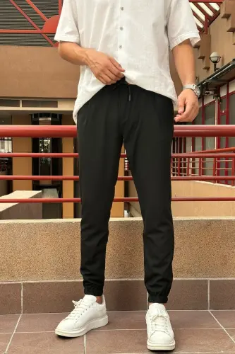 Slim fit, Old Money Culture, Esnek, pileli, bel-paça lastikli, Jogger pantolon 24INP199D - SİYAH - 4