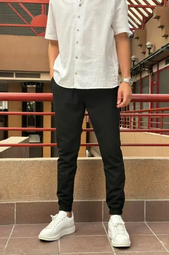 Slim fit, Old Money Culture, Esnek, pileli, bel-paça lastikli, Jogger pantolon 24INP199D - SİYAH - 7
