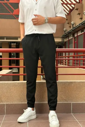 Slim fit, Old Money Culture, Esnek, pileli, bel-paça lastikli, Jogger pantolon 24INP199D - SİYAH - 8
