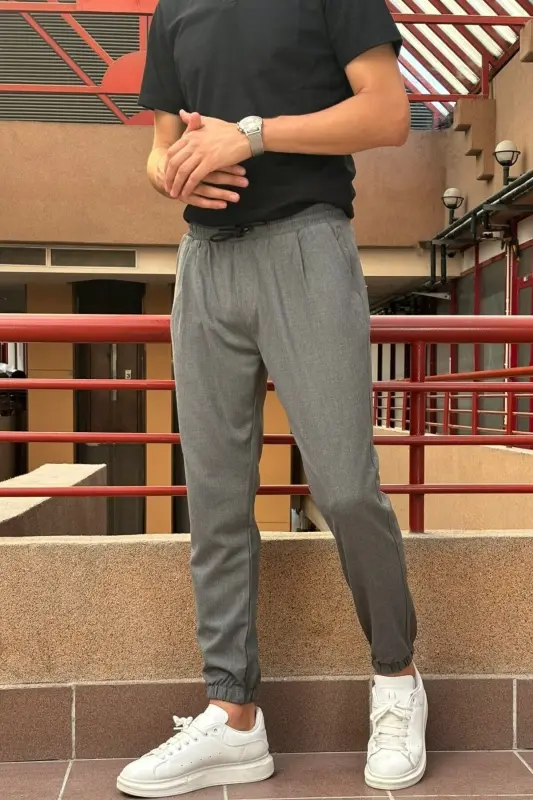 Slim fit, Old Money Culture, Esnek, pileli, bel-paça lastikli, Jogger pantolon 24INP199D - FÜME - 8