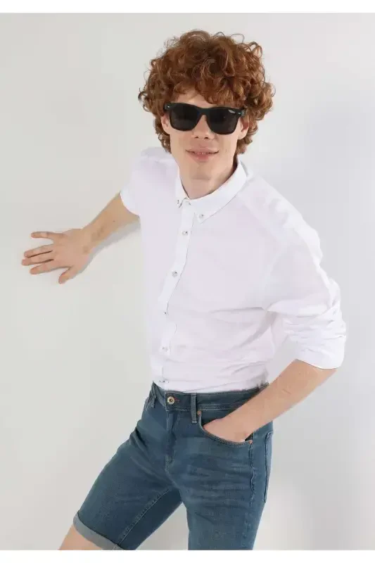 Slim Fit Oq Rangli Erkaklar Uzoq Yengli Ko'ylak - 1