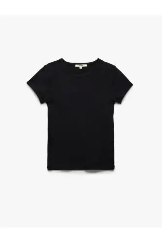 Slim Fit Pamuklu Kısa Kollu Bisiklet Yaka Kadın Basic Tişört - Siyah - 1