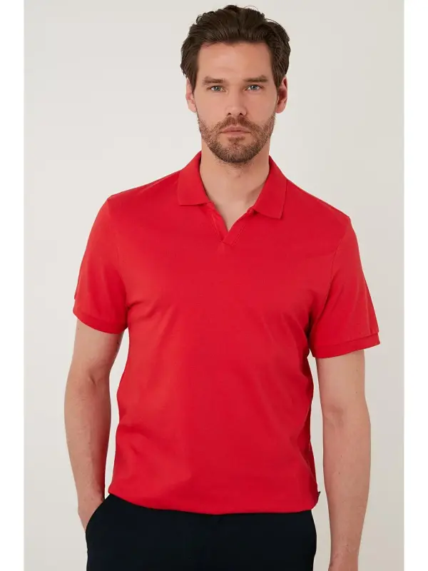 Slim Fit Paxtali Polo Ko'ylak 5902141-Qizil - 7