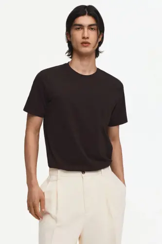 Slim Fit Pima Pamuklu Tişört-Koyu kahverengi 