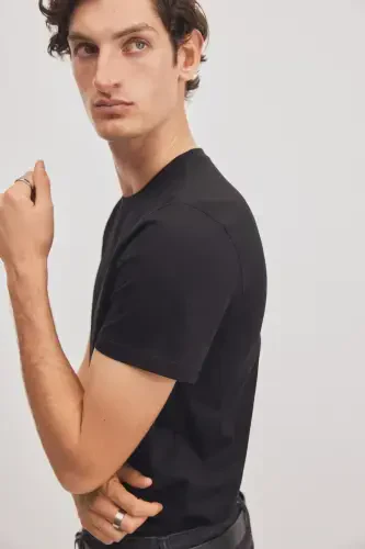 Slim Fit Pima Pamuklu Tişört-Siyah - 4