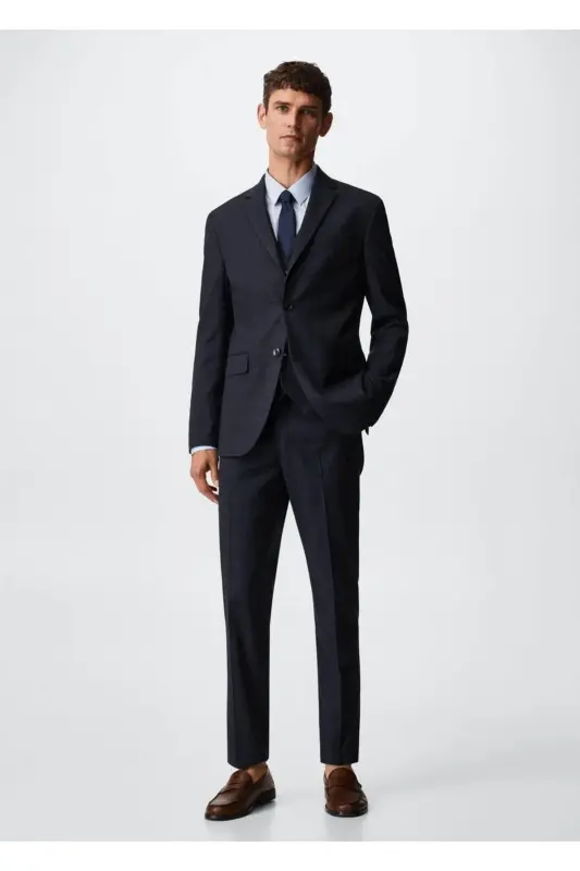 Slim Fit Plaid Blazer Jacket-Navy Blue - 2
