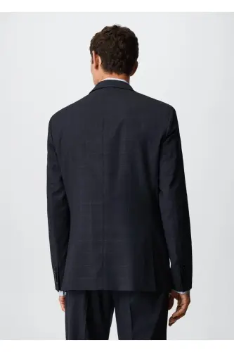 Slim Fit Plaid Blazer Jacket-Navy Blue - 4