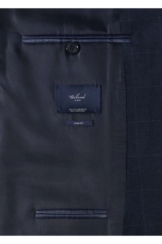 Slim Fit Plaid Blazer Jacket-Navy Blue - 6