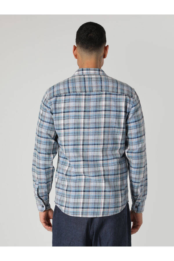 Slim Fit Plaid Blue Men's Long Sleeve Shirt - 2