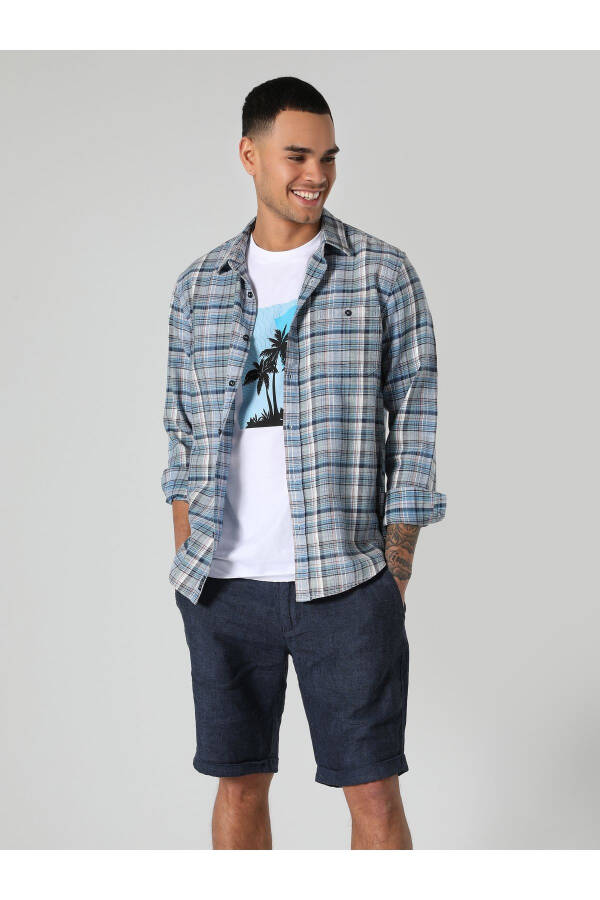 Slim Fit Plaid Blue Men's Long Sleeve Shirt - 3