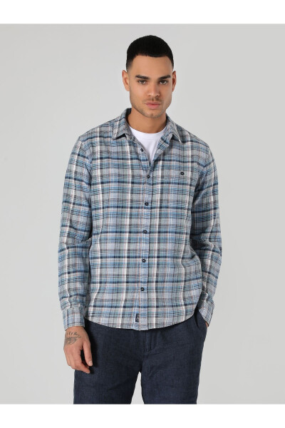 Slim Fit Plaid Blue Men's Long Sleeve Shirt - 4