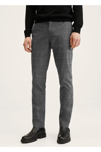 Slim Fit Plaid Cotton Pants - 1