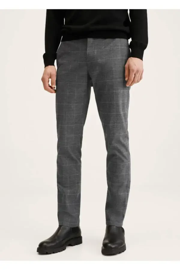 Slim Fit Plaid Cotton Pants - 1
