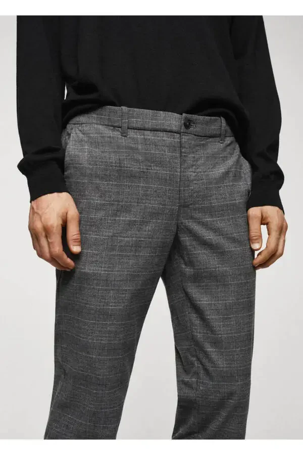 Slim Fit Plaid Cotton Pants - 5