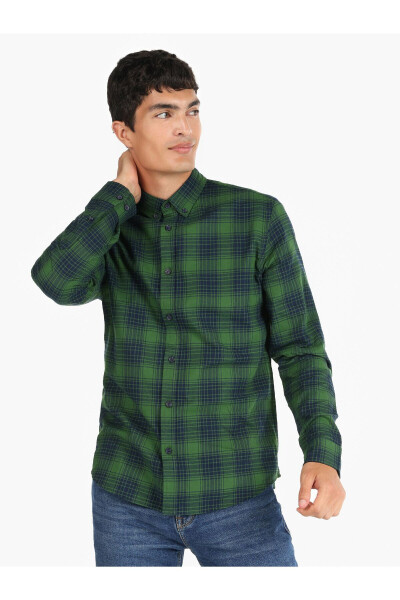 Slim Fit Plaid Green Men's Long Sleeve Shirt - 1