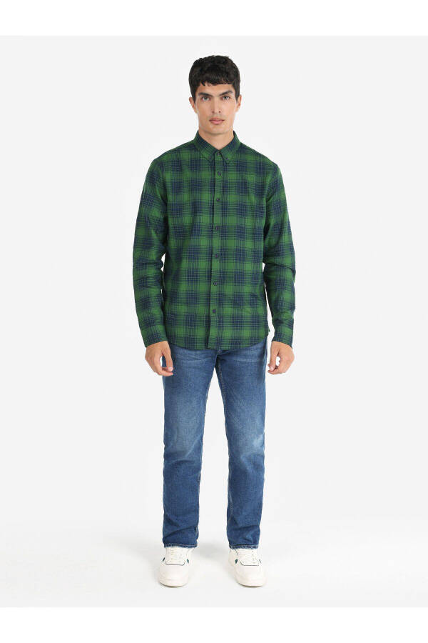 Slim Fit Plaid Green Men's Long Sleeve Shirt - 3