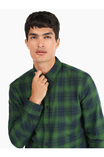 Slim Fit Plaid Green Men's Long Sleeve Shirt - 4