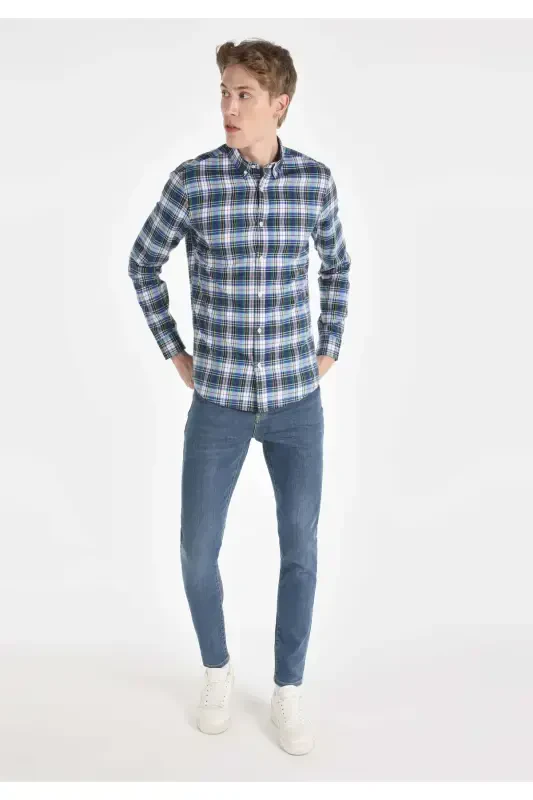 Slim Fit Plaid Multicolor Men's Long Sleeve Shirt - 3