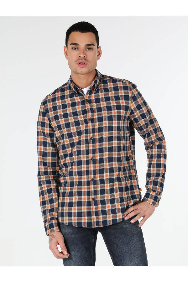 Slim Fit Plaid Navy Blue Men's Long Sleeve Shirt - 4