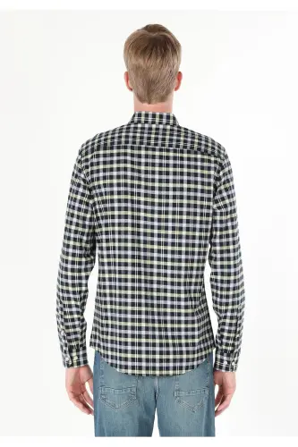 Slim Fit Plaid Navy Blue Men's Long Sleeve Shirt - COLIN'S (1)