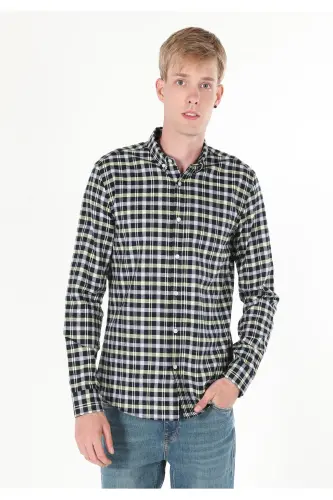 Slim Fit Plaid Navy Blue Men's Long Sleeve Shirt - 4