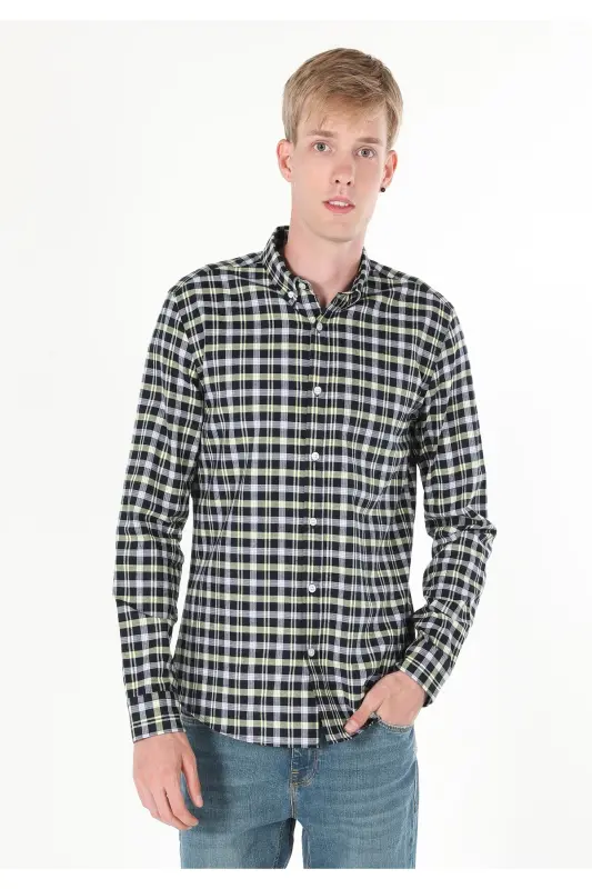 Slim Fit Plaid Navy Blue Men's Long Sleeve Shirt - 4