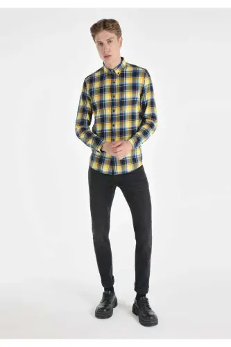 Slim Fit Plaid Navy Blue Men's Shirt - 3