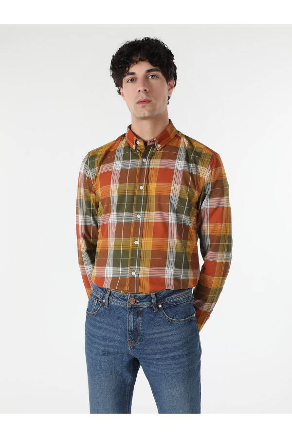 Slim Fit Plaid Yellow Men's Long Sleeve Shirt - 1