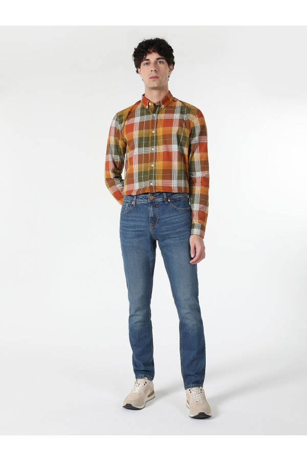 Slim Fit Plaid Yellow Men's Long Sleeve Shirt - 3