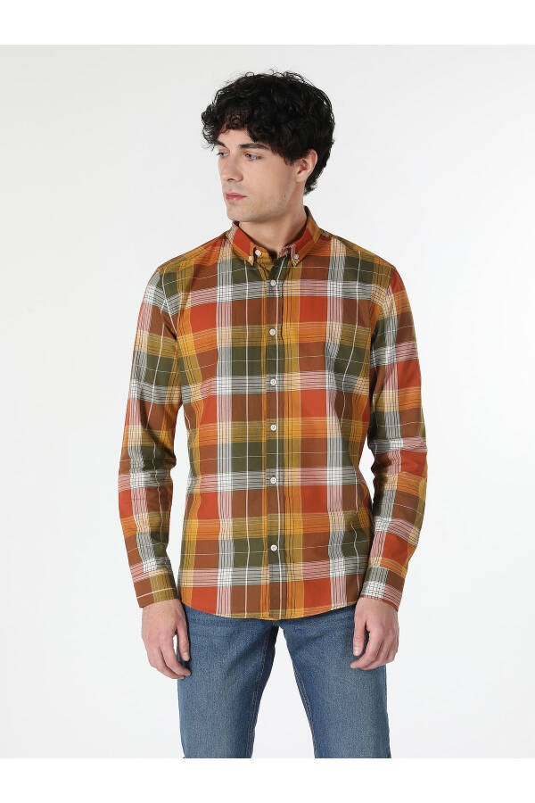 Slim Fit Plaid Yellow Men's Long Sleeve Shirt - 4