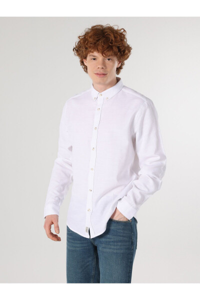 Slim Fit Plain White Men's Long Sleeve Shirt - 4