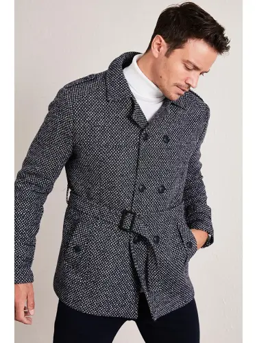Slim Fit Pocketed Cotton Blend Men's Overcoat 5841015-Navy Blue 
