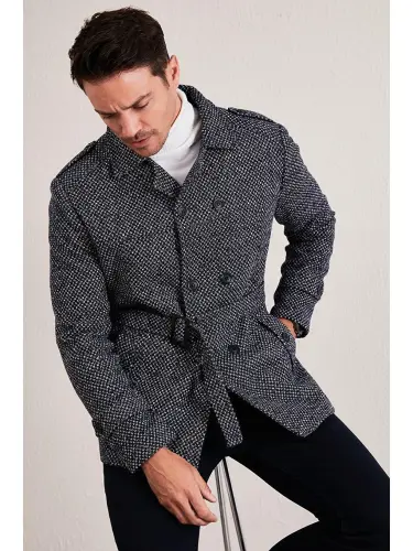 Slim Fit Pocketed Cotton Blend Men's Overcoat 5841015-Navy Blue - 3