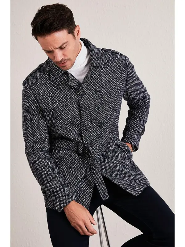 Slim Fit Pocketed Cotton Blend Men's Overcoat 5841015-Navy Blue - 3