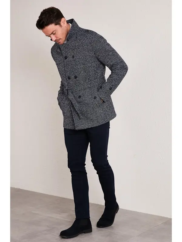 Slim Fit Pocketed Cotton Blend Men's Overcoat 5841015-Navy Blue - 4