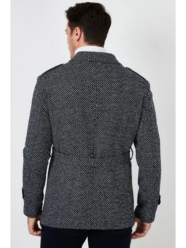 Slim Fit Pocketed Cotton Blend Men's Overcoat 5841015-Navy Blue - 5