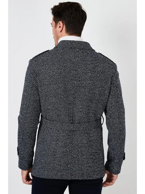 Slim Fit Pocketed Cotton Blend Men's Overcoat 5841015-Navy Blue - 5