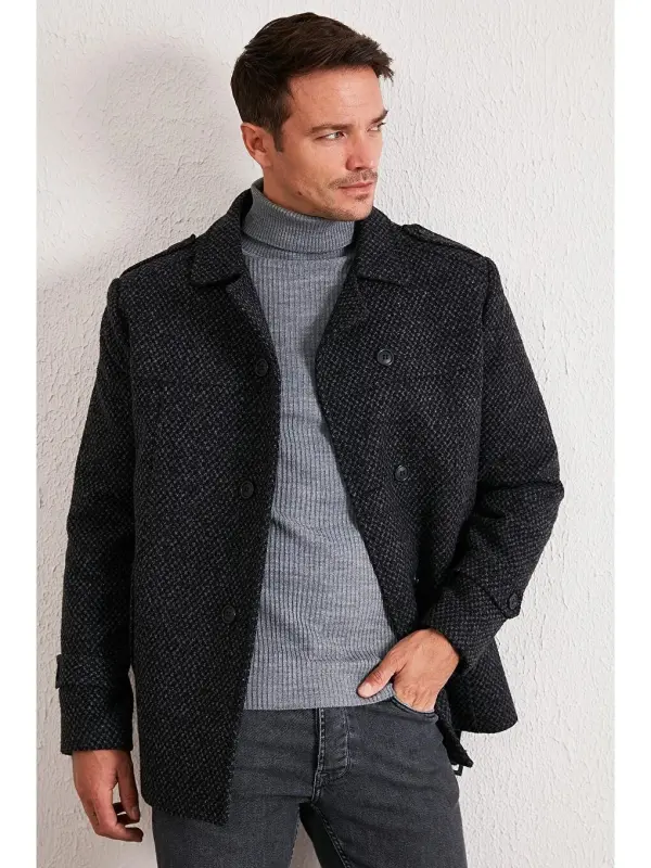 Slim Fit Pocketed Cotton Blend Overcoat for Men 5841015-Anthracite - 2
