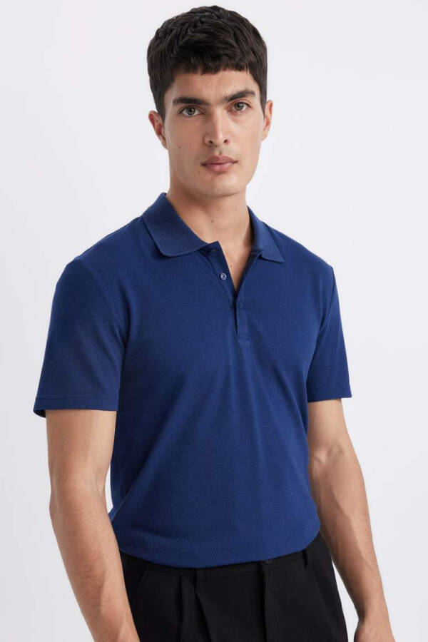 Slim Fit Polo Collar Basic Short Sleeve Cotton T-Shirt Dark Indigo - 1